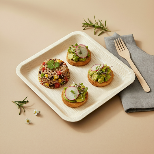 6-inch square Areca palm leaf plate, eco-friendly biodegradable tableware, natural beige color, handcrafted in India, ideal for appetizers, desserts, and sustainable dining.