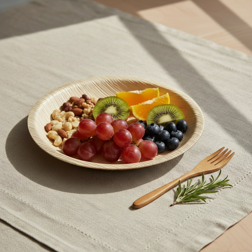 Fruit and nut platter on a woven plate with a wooden fork on a textured surface