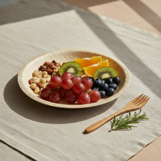 Fruit and nut platter on a woven plate with a wooden fork on a textured surface