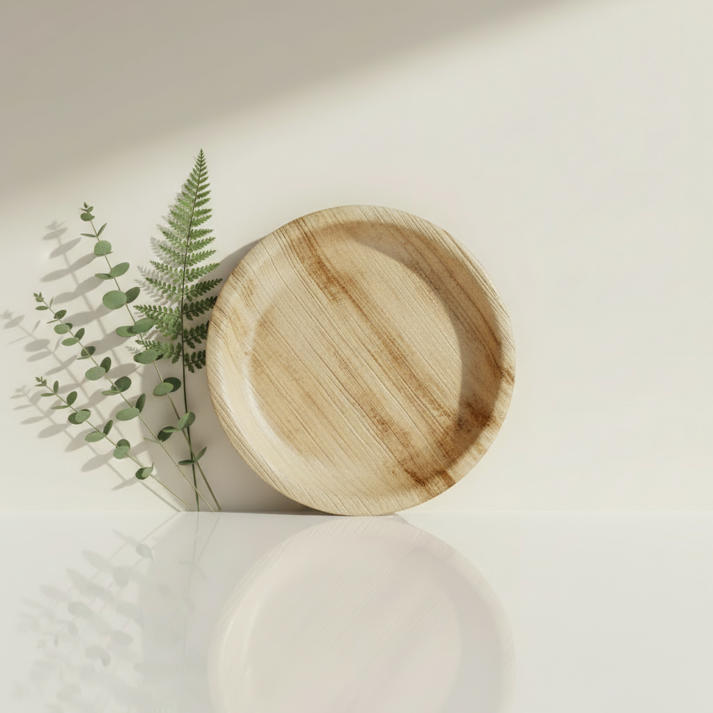 Arecha Palm leaf plate on a light surface with a plant