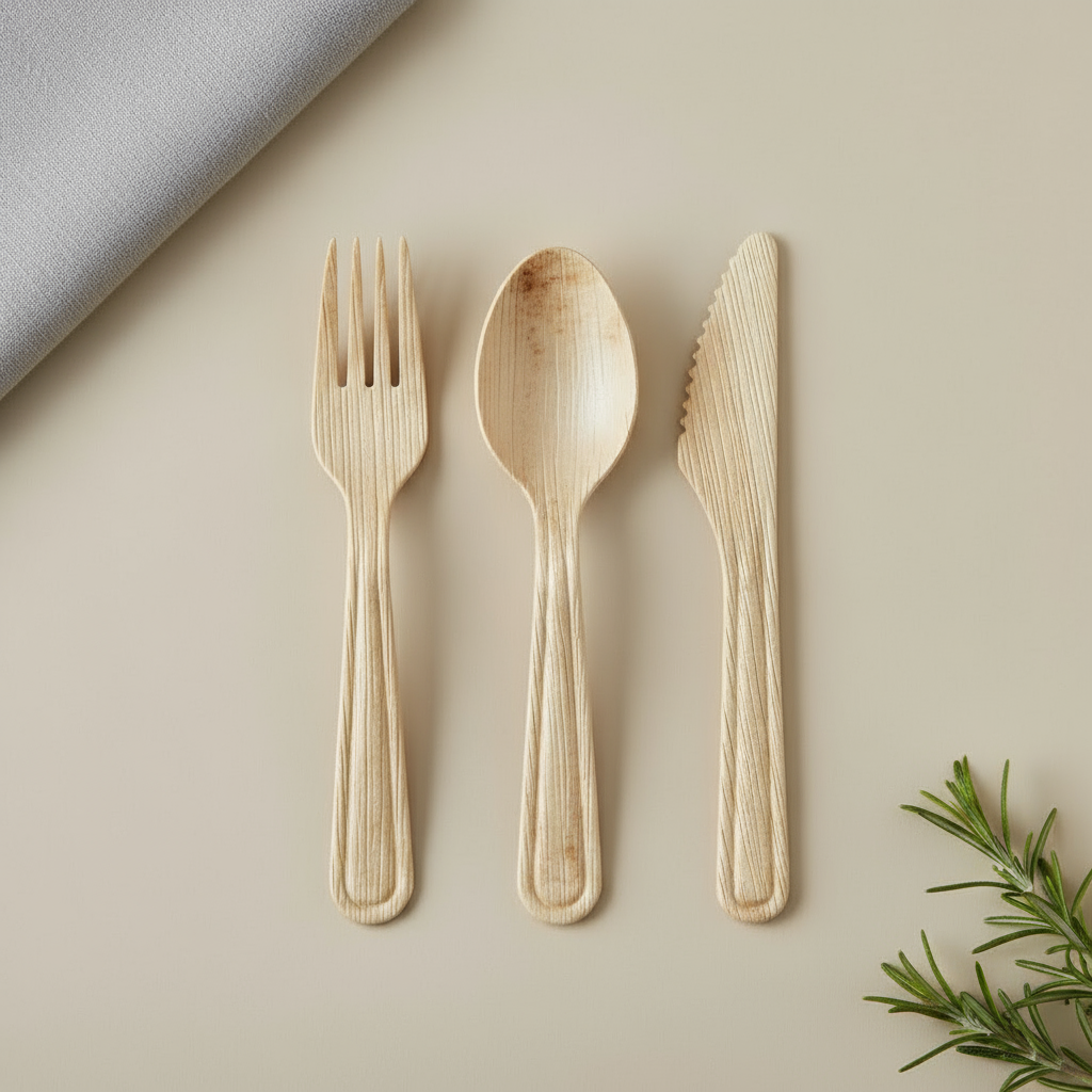 Set of Arecha Palm leaf fork, spoon, and knife on a beige surface with a light gray background.