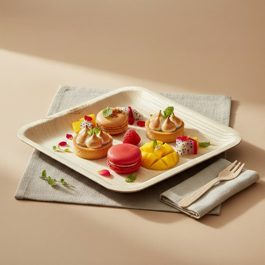 4-inch square Areca palm leaf plate, eco-friendly biodegradable tableware, natural beige color, handcrafted in India, ideal for appetizers, desserts, and sustainable dining.