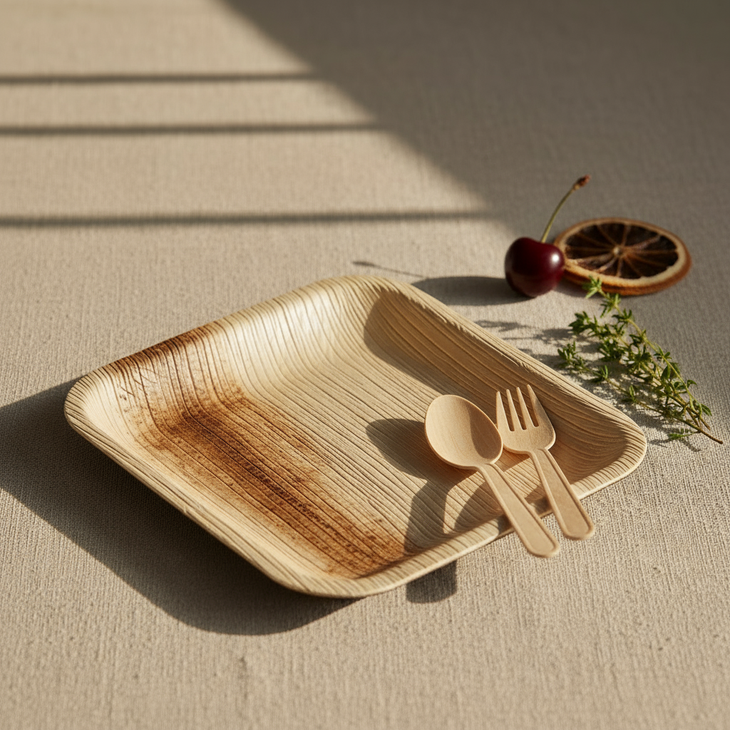 4-inch square Areca palm leaf plate, eco-friendly biodegradable tableware, natural beige color, handcrafted in India, ideal for appetizers, desserts, and sustainable dining.