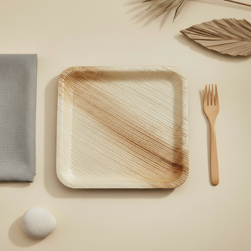 6-inch square Areca palm leaf plate, eco-friendly biodegradable tableware, natural beige color, handcrafted in India, ideal for appetizers, desserts, and sustainable dining.