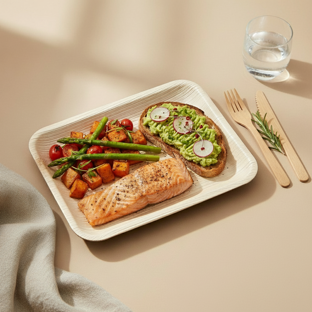 6x9 inch rectangular Areca palm leaf plate, eco-friendly biodegradable tableware, natural beige palm texture, handcrafted in India, ideal for meals, catering, and sustainable dining.