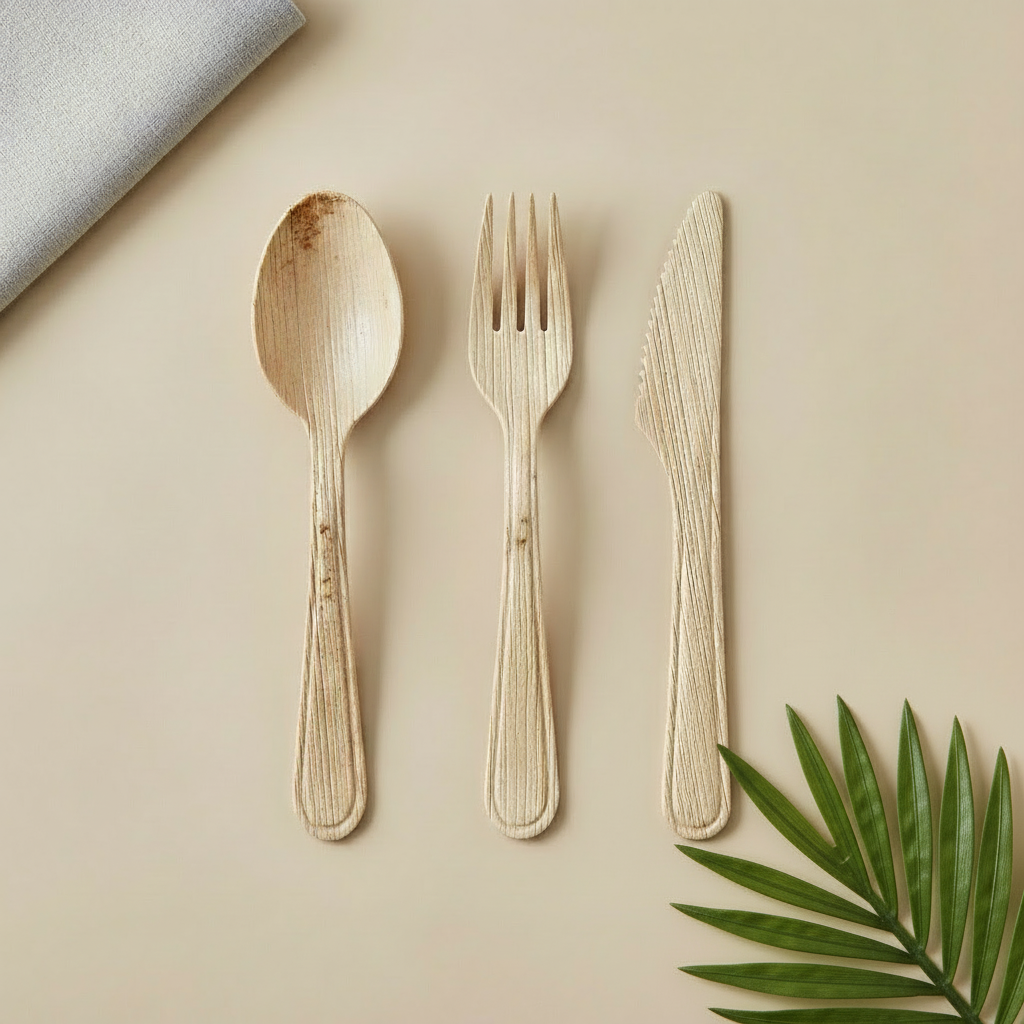 Set of Arecha palm leaf spoon, fork, and knife on a beige background with greenery.