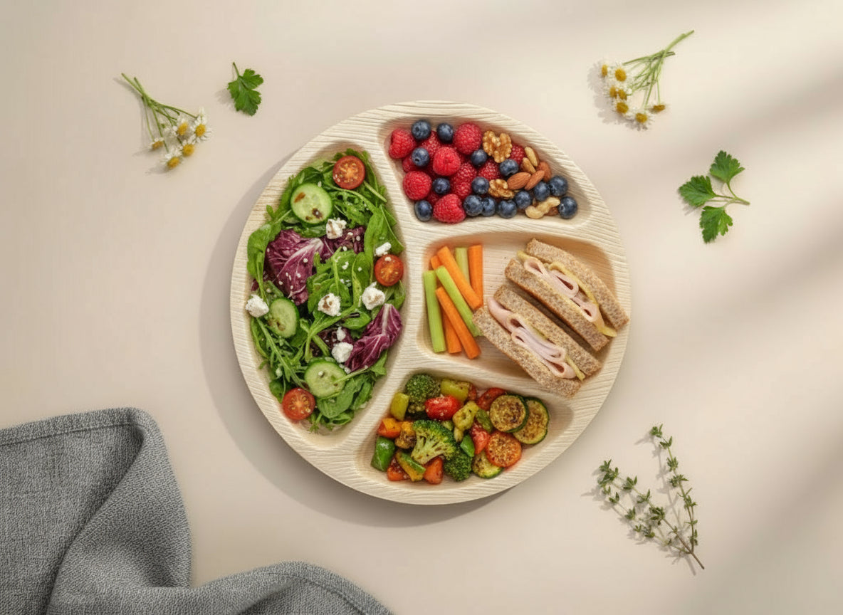 Divided plate with a variety of food including salad, fruit, vegetables, and a sandwich on a neutral background.