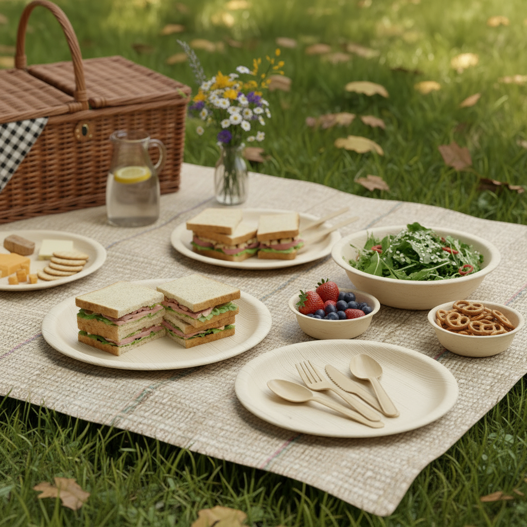 8-inch round Areca palm leaf plate – eco-friendly, biodegradable disposable dinner plate with natural beige texture