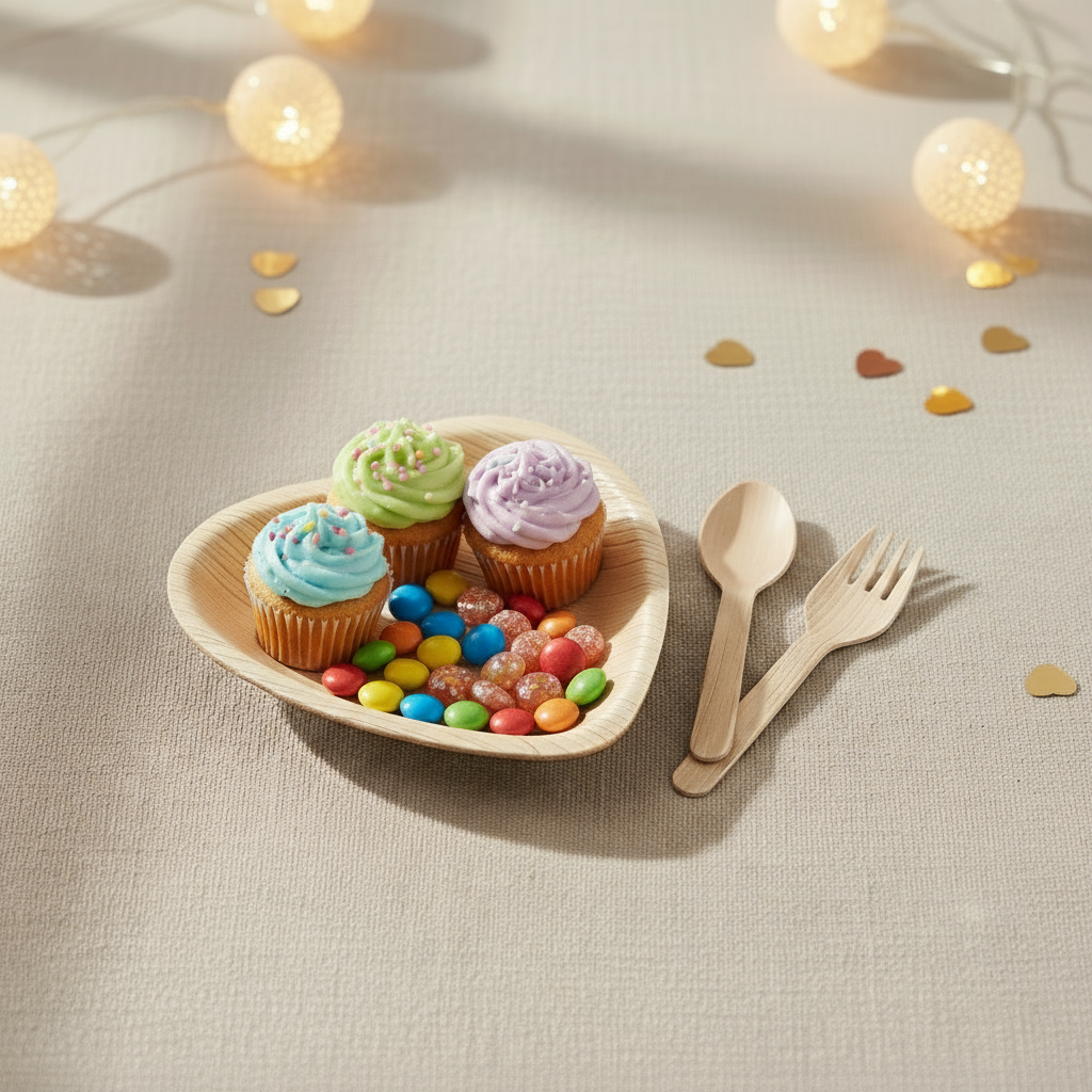 Arecha Palm leaf plate with colorful cupcakes and candies, accompanied by a wooden spoon and fork on a beige surface with string lights.