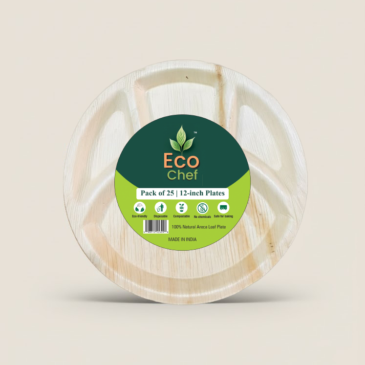 12" 4-Compartment Compostable Plates | Round Divided Palm Leaf Plates (Pack of 50) – EcoChef
