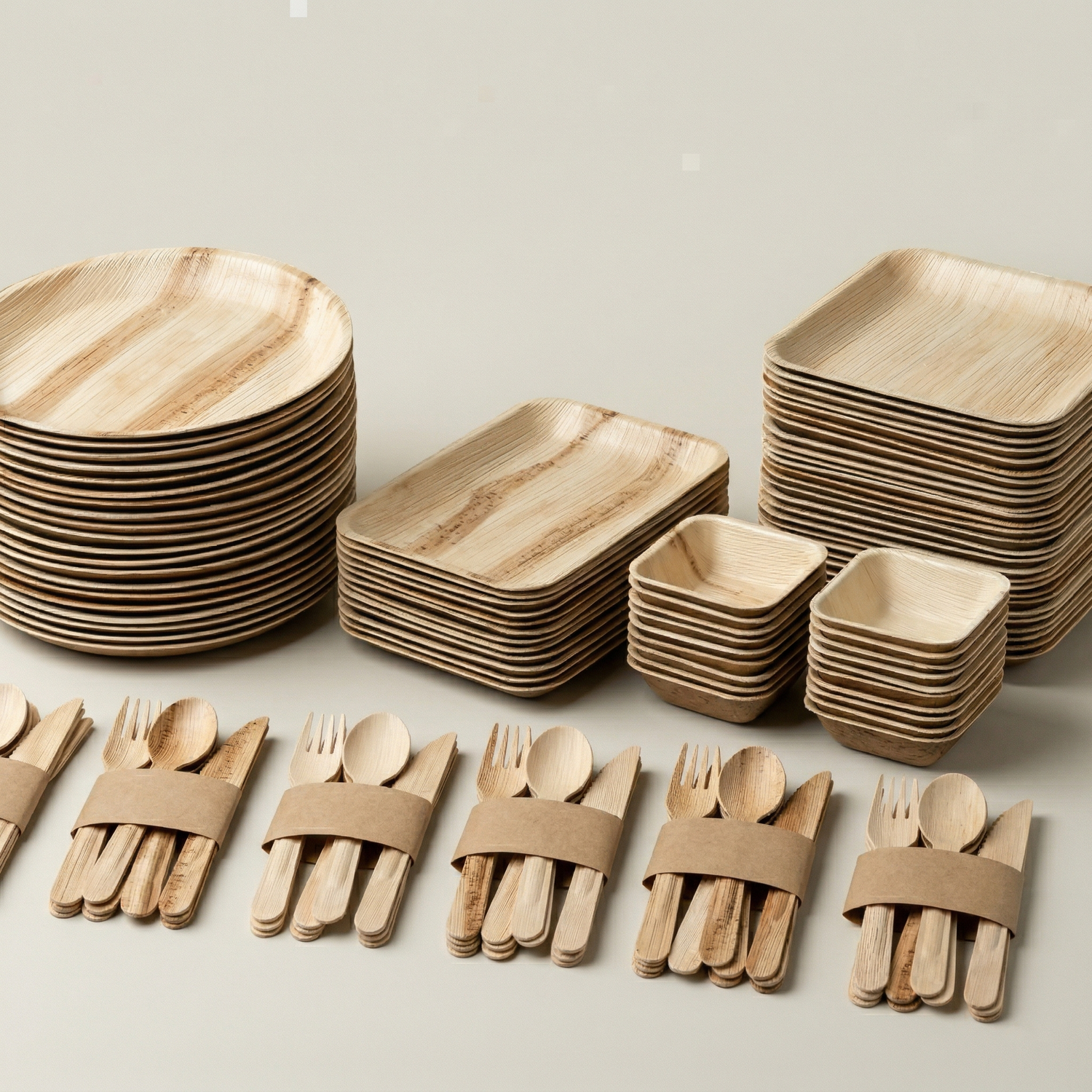 complete natural areca palm leaf tableware collection with round plate square plate rectangle plate bowls heart plate and cutlery compostable sustainable kitchenware