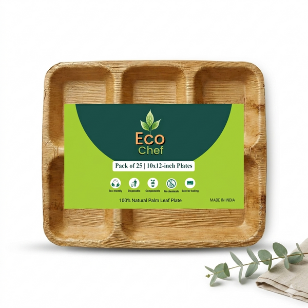 10x12 5-Compartment Compostable Plates | Palm Leaf Divided Plates (Pack of 25) - EcoChef