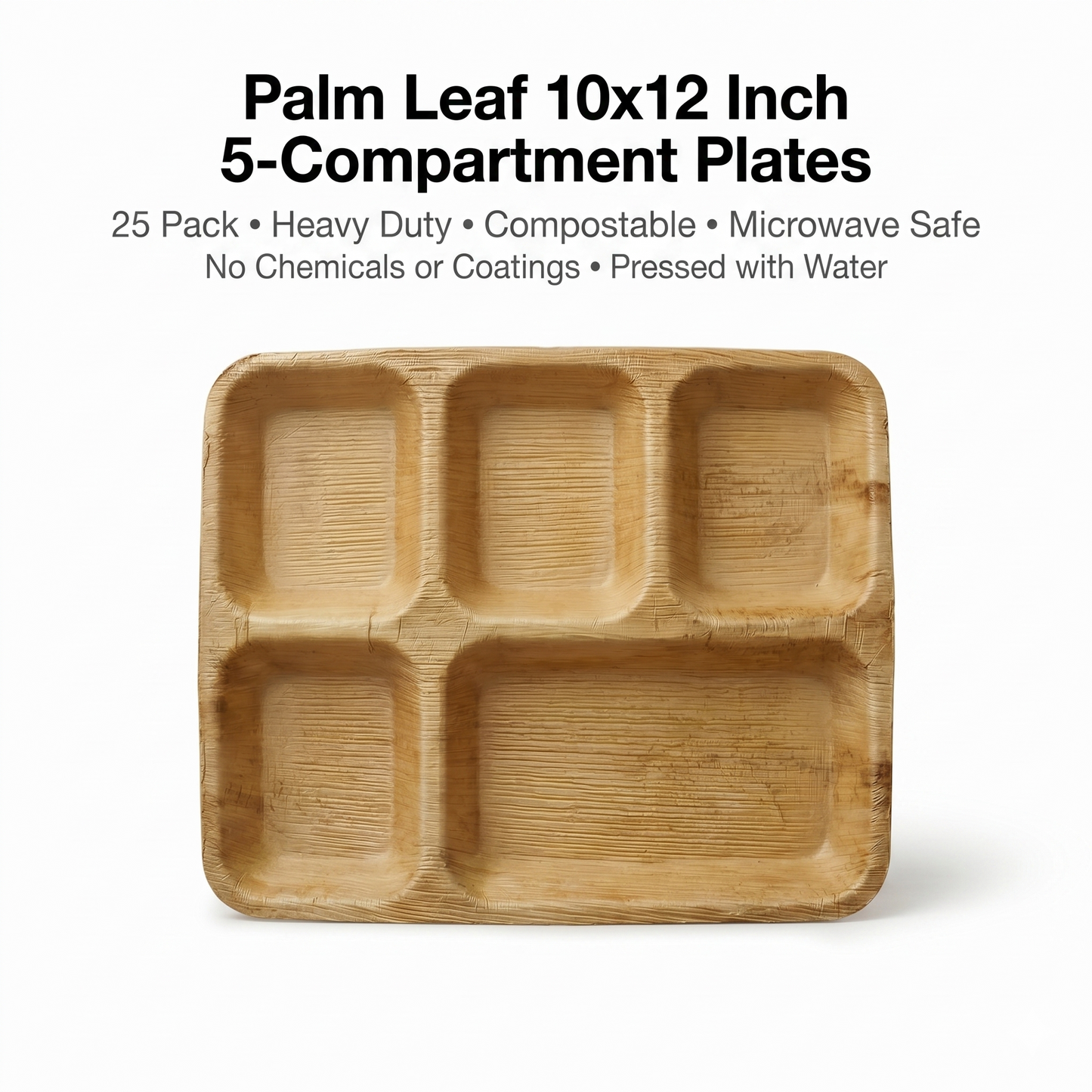 10x12 5-Compartment Compostable Plates | Palm Leaf Divided Plates (Pack of 25) - EcoChef