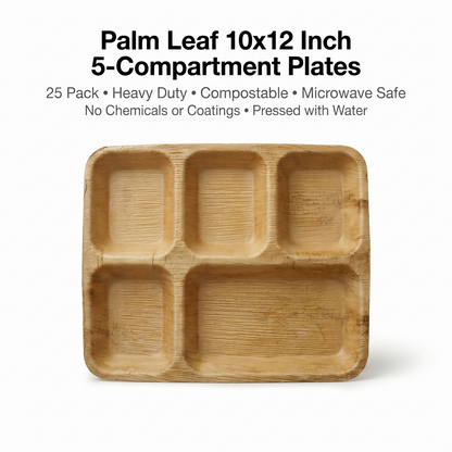 10x12 5-Compartment Compostable Plates | Palm Leaf Divided Plates (Pack of 25) - EcoChef
