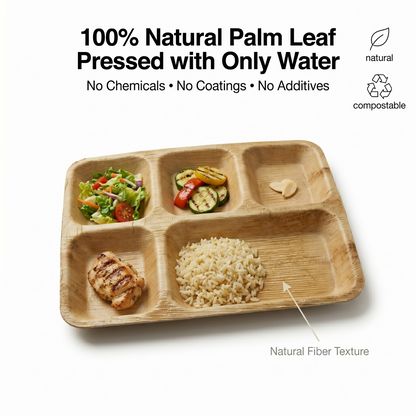 10x12 5-Compartment Compostable Plates | Palm Leaf Divided Plates (Pack of 25) - EcoChef