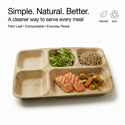 10x12 5-Compartment Compostable Plates | Palm Leaf Divided Plates (Pack of 25) - EcoChef