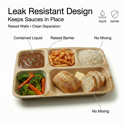 10x12 5-Compartment Compostable Plates | Palm Leaf Divided Plates (Pack of 25) - EcoChef