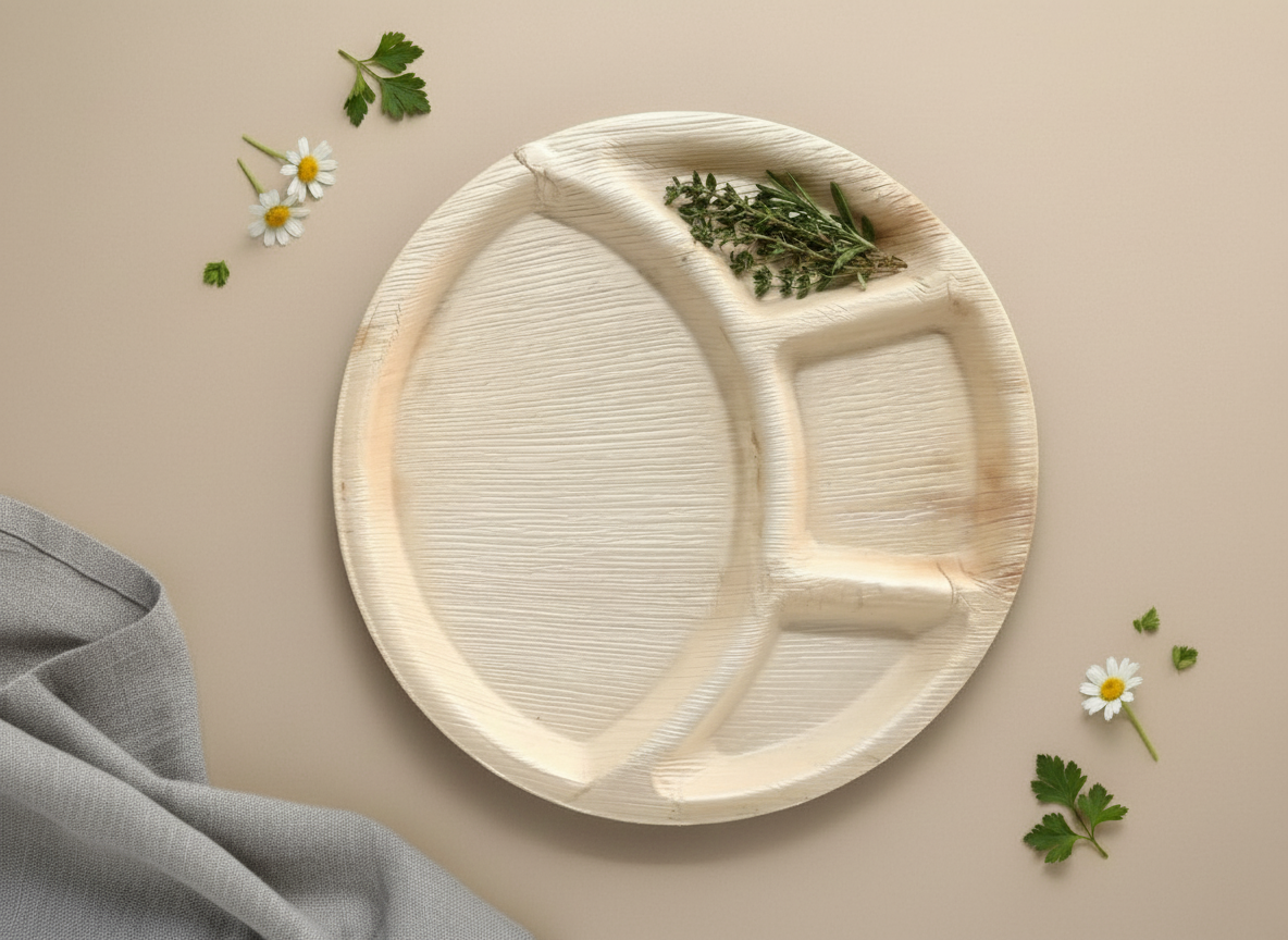 Arecha Palm leaf  plate with compartments on a beige background