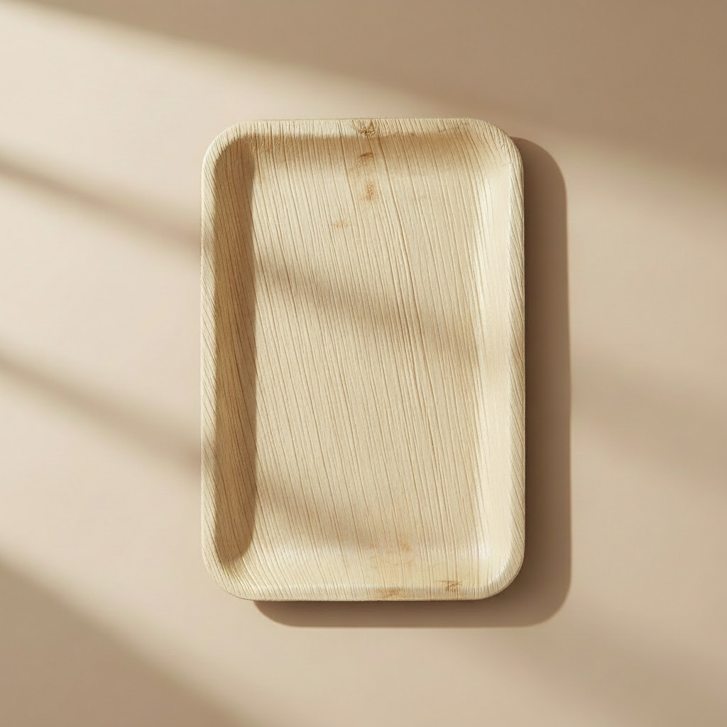 Rectangular arecha palm leaf tray on a beige background