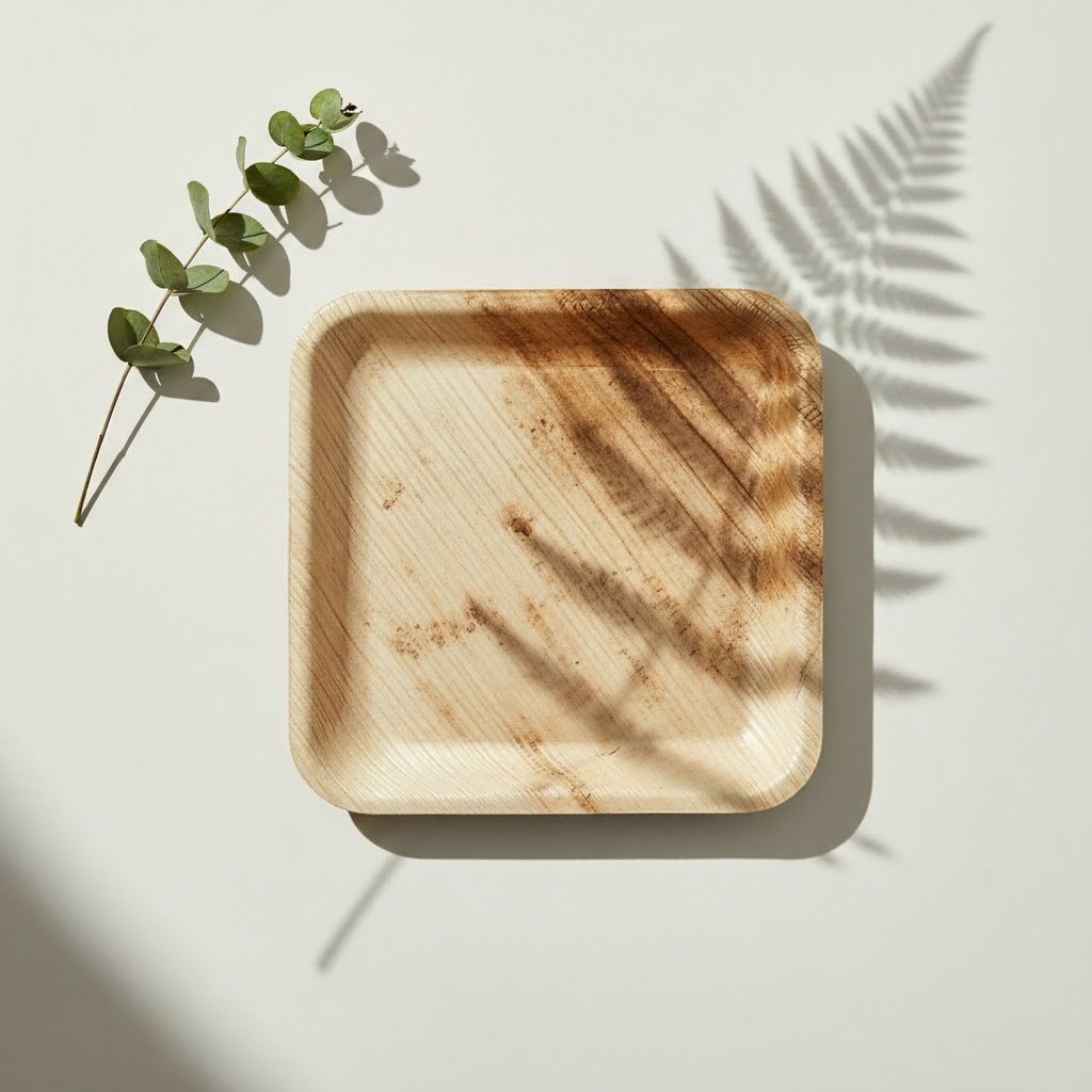 8-inch square Areca palm leaf plate, eco-friendly biodegradable dinner plate, natural beige palm texture, handcrafted in India, ideal for lunches, dinners, and sustainable events.