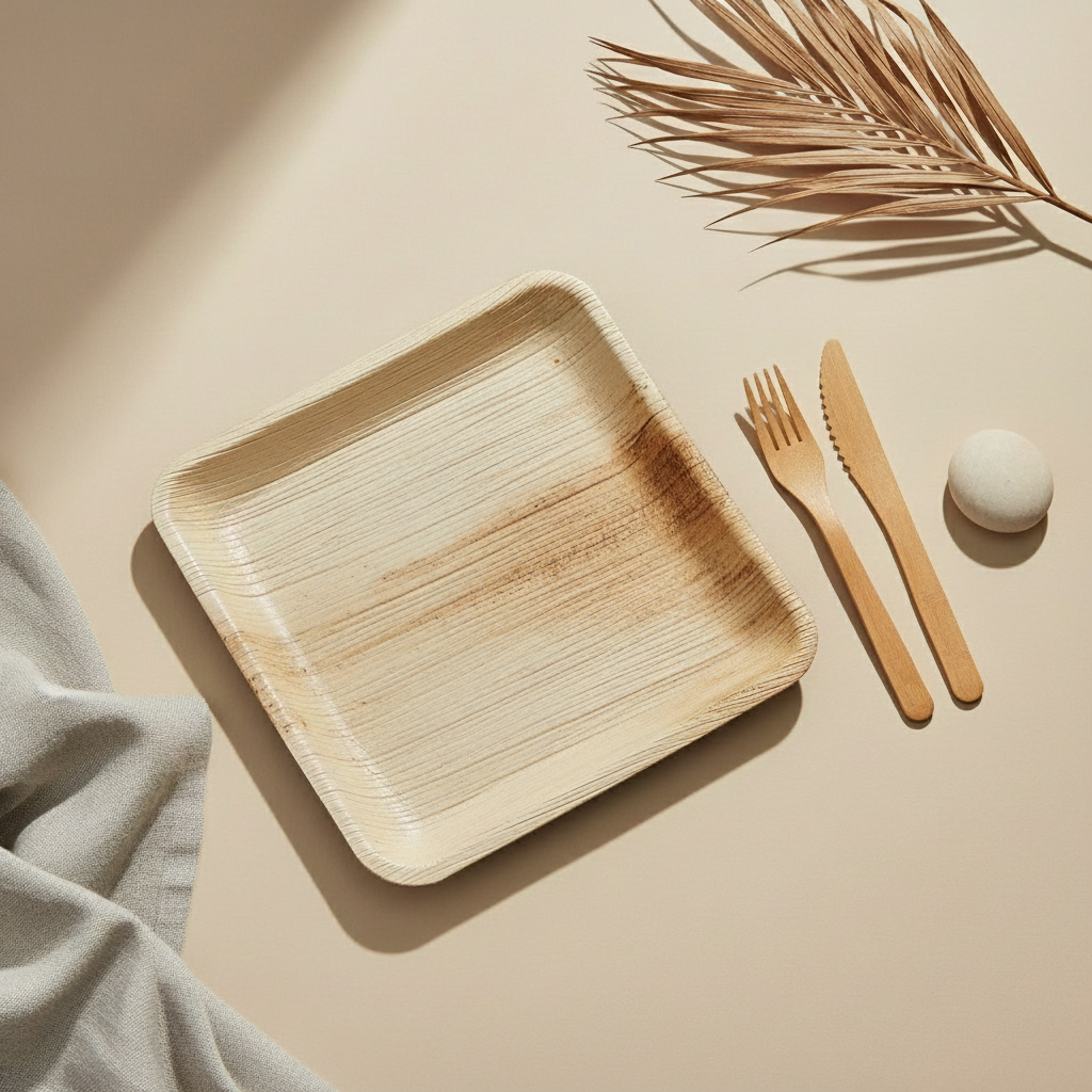 6-inch square Areca palm leaf plate, eco-friendly biodegradable tableware, natural beige color, handcrafted in India, ideal for appetizers, desserts, and sustainable dining.