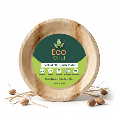 7-Inch Round Palm Leaf Plates | 50 Pack | Compostable Eco-Friendly - EcoChef