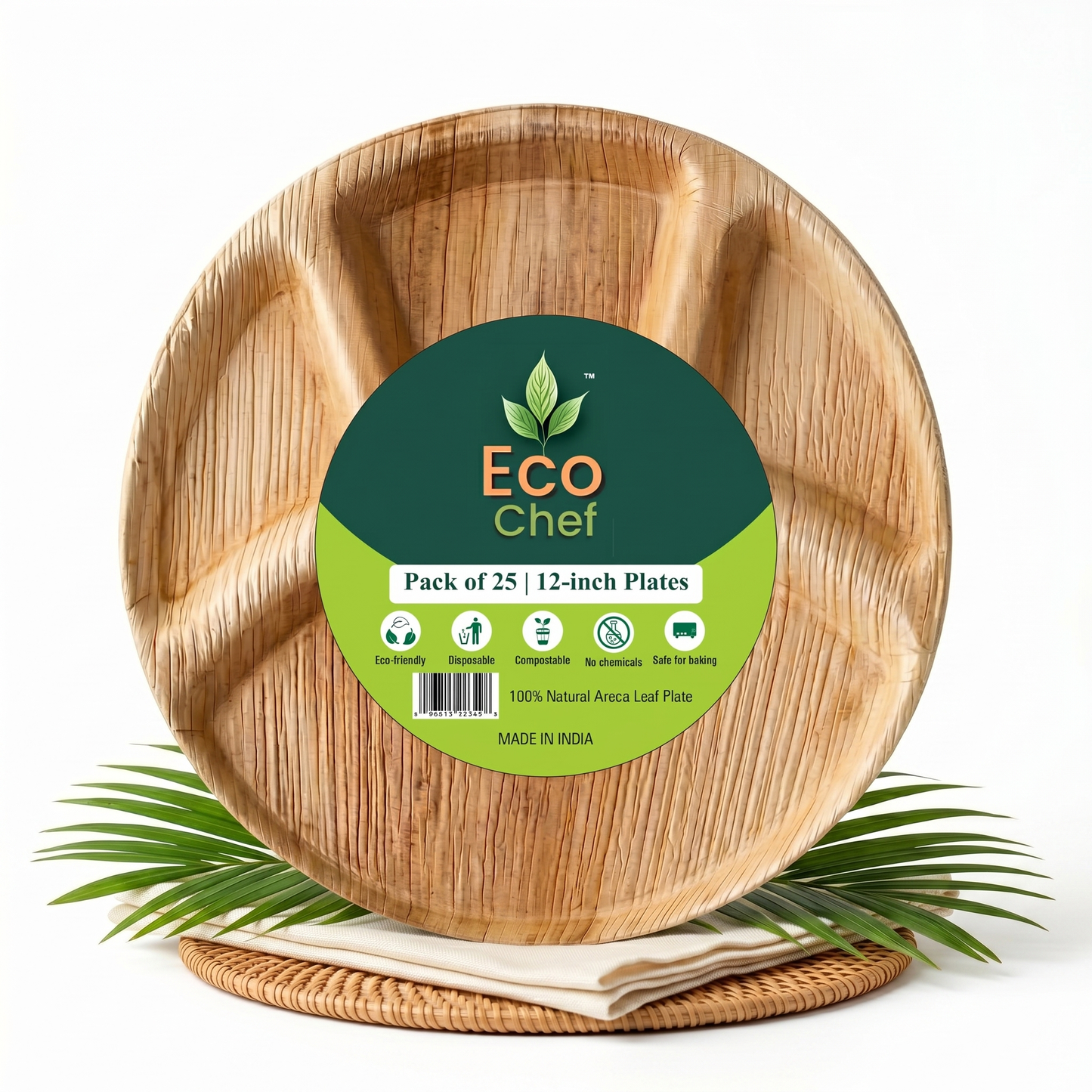 12" 4-Compartment Compostable Plates | Round Divided Palm Leaf Plates (Pack of 50) – EcoChef