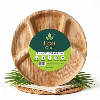12" 4-Compartment Compostable Plates | Round Divided Palm Leaf Plates (Pack of 50) – EcoChef