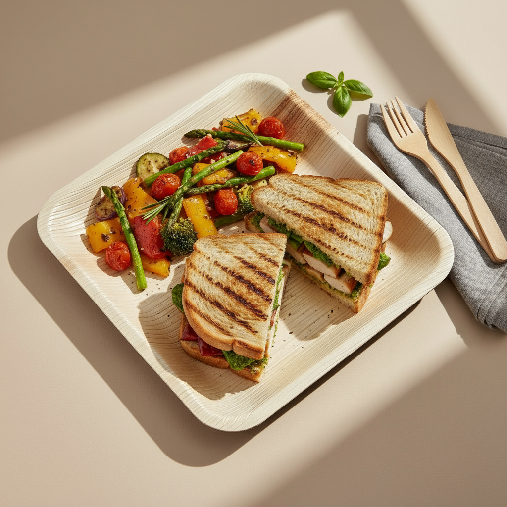 6-inch square Areca palm leaf plate, eco-friendly biodegradable tableware, natural beige color, handcrafted in India, ideal for appetizers, desserts, and sustainable dining.