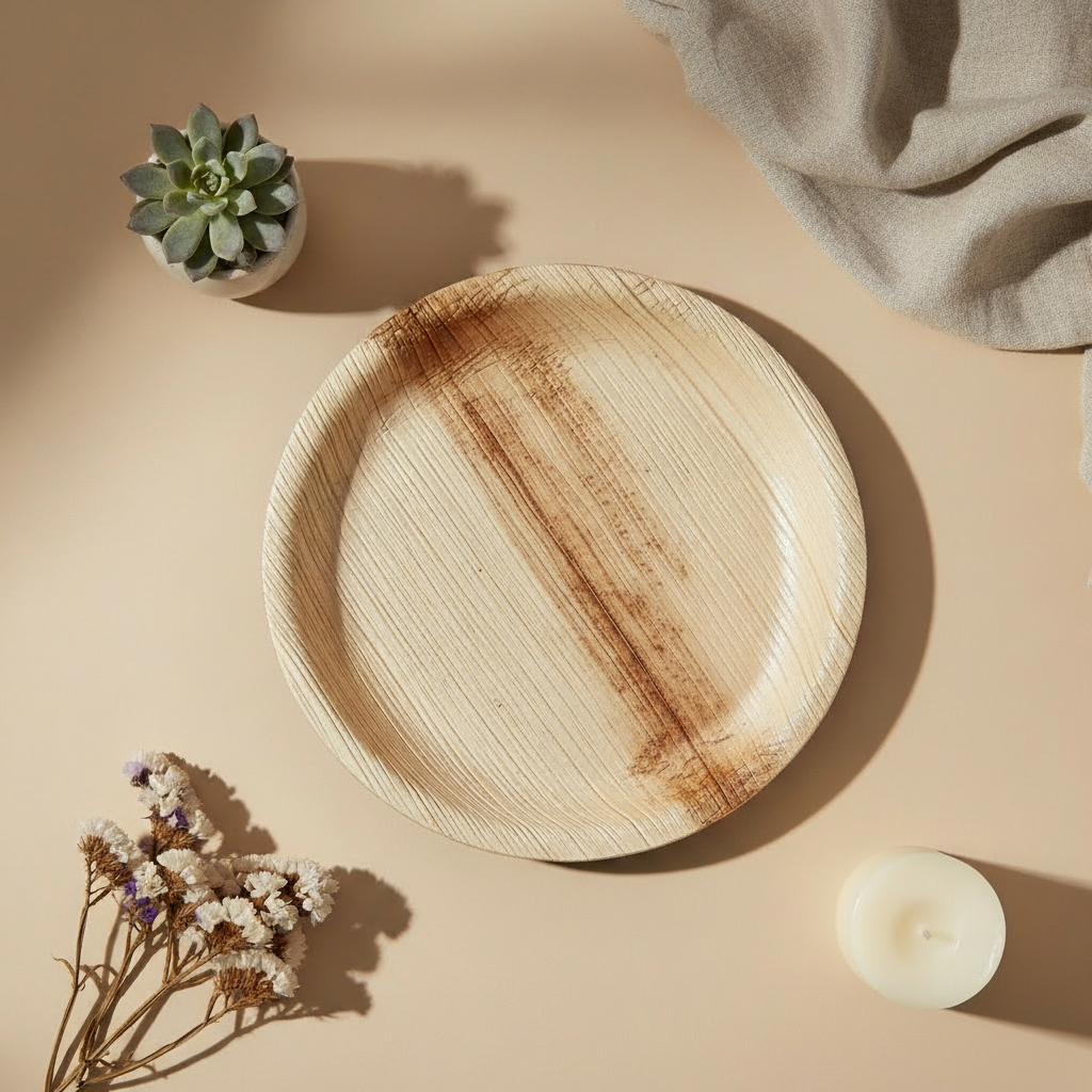 7-inch round Areca palm leaf plate, eco-friendly biodegradable tableware, natural beige color, handcrafted in India, ideal for appetizers, desserts, healthy snacks, or decorative displays.