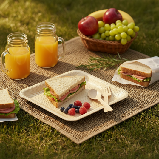 8-inch square Areca palm leaf plate, eco-friendly biodegradable dinner plate, natural beige palm texture, handcrafted in India, ideal for lunches, dinners, and sustainable events.