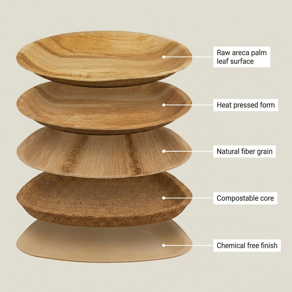 areca palm leaf plate exploded view raw surface heat pressed form fiber grain compostable core chemical free finish natural fiber sustainable kitchenware square