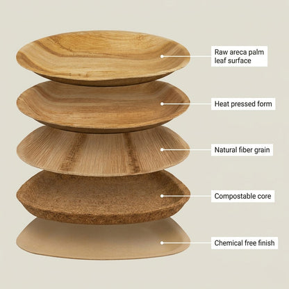 areca palm leaf plate exploded view raw surface heat pressed form fiber grain compostable core chemical free finish natural fiber sustainable kitchenware square