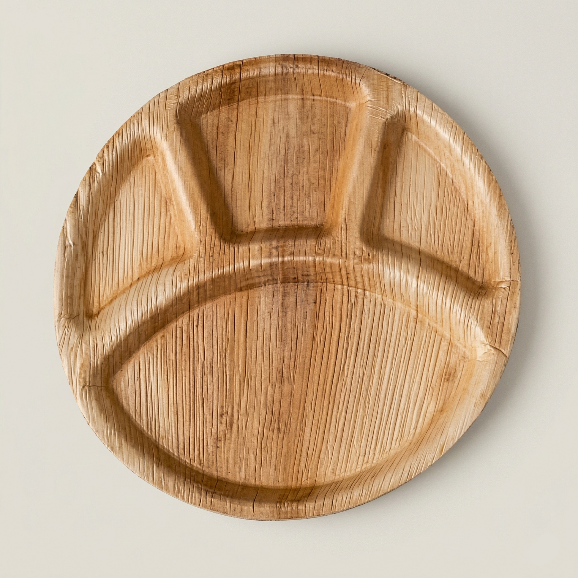12 inch round plate with 4 divided sections natural areca palm leaf fiber compostable sustainable kitchenware hero