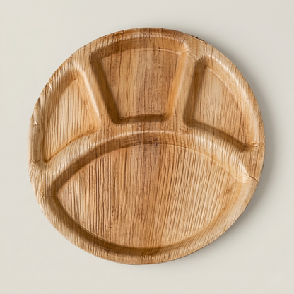 12 inch round plate with 4 divided sections natural areca palm leaf fiber compostable sustainable kitchenware hero