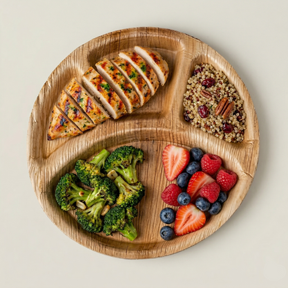12 inch round 4 divided plate with grilled chicken quinoa broccoli and berries natural areca palm leaf compostable sustainable kitchenware