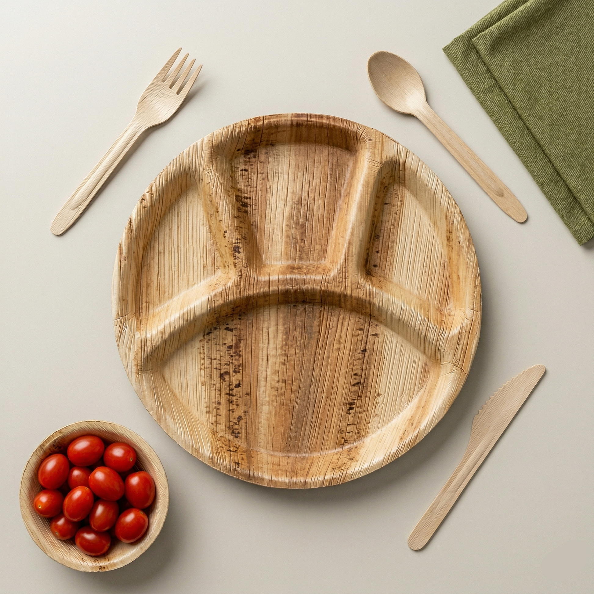 12 inch round 4 divided plate on kitchen island with eucalyptus natural areca palm leaf compostable sustainable kitchenware lifestyle decor