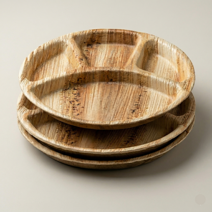 stack of three 12 inch round 4 divided plates natural areca palm leaf compostable sustainable kitchenware