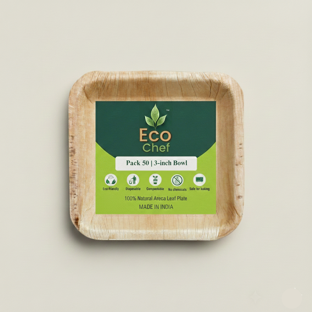 Eco-friendly leaf plate with 'Eco Chef' label on a beige background