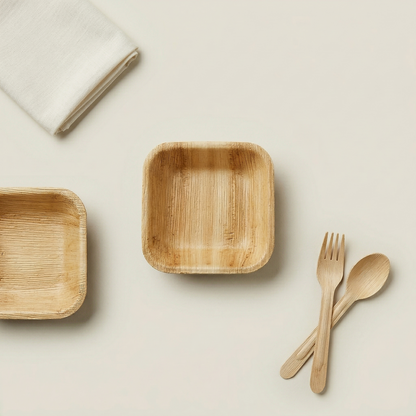two 3 inch square bowls with natural fiber fork and spoon compostable sustainable kitchenware flat lay
