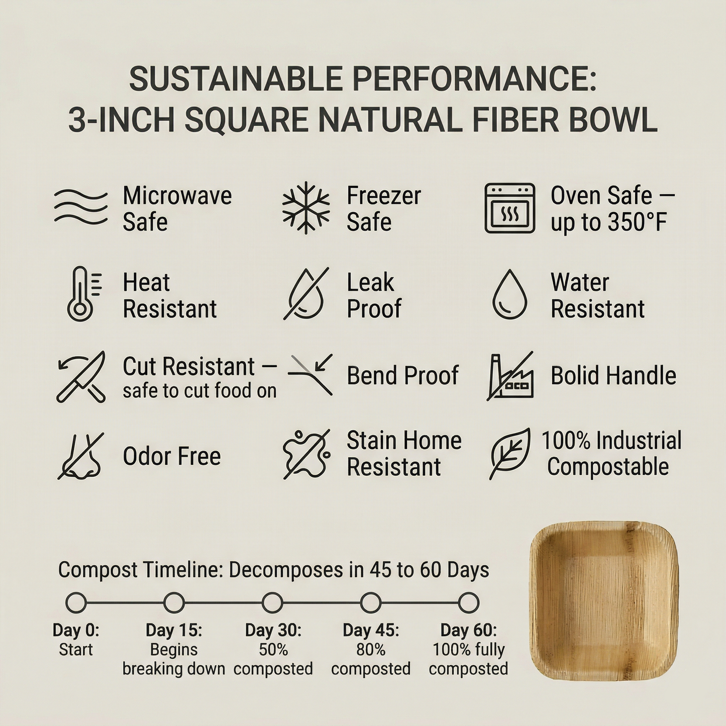3 inch square bowl features infographic microwave safe freezer safe oven safe 350°F leak proof cut resistant bend proof odor free stain resistant home compostable industrial compostable decomposes 45 to 60 days natural fiber sustainable kitchenware