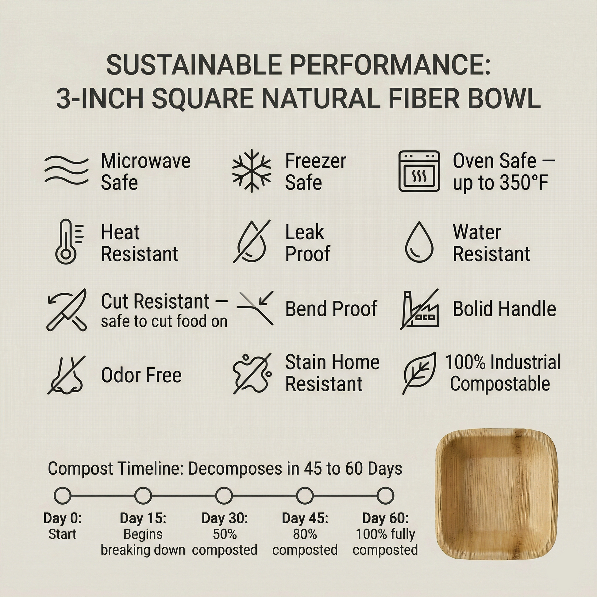 3 inch square bowl features infographic microwave safe freezer safe oven safe 350°F leak proof cut resistant bend proof odor free stain resistant home compostable industrial compostable decomposes 45 to 60 days natural fiber sustainable kitchenware