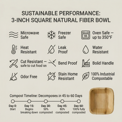3 inch square bowl features infographic microwave safe freezer safe oven safe 350°F leak proof cut resistant bend proof odor free stain resistant home compostable industrial compostable decomposes 45 to 60 days natural fiber sustainable kitchenware