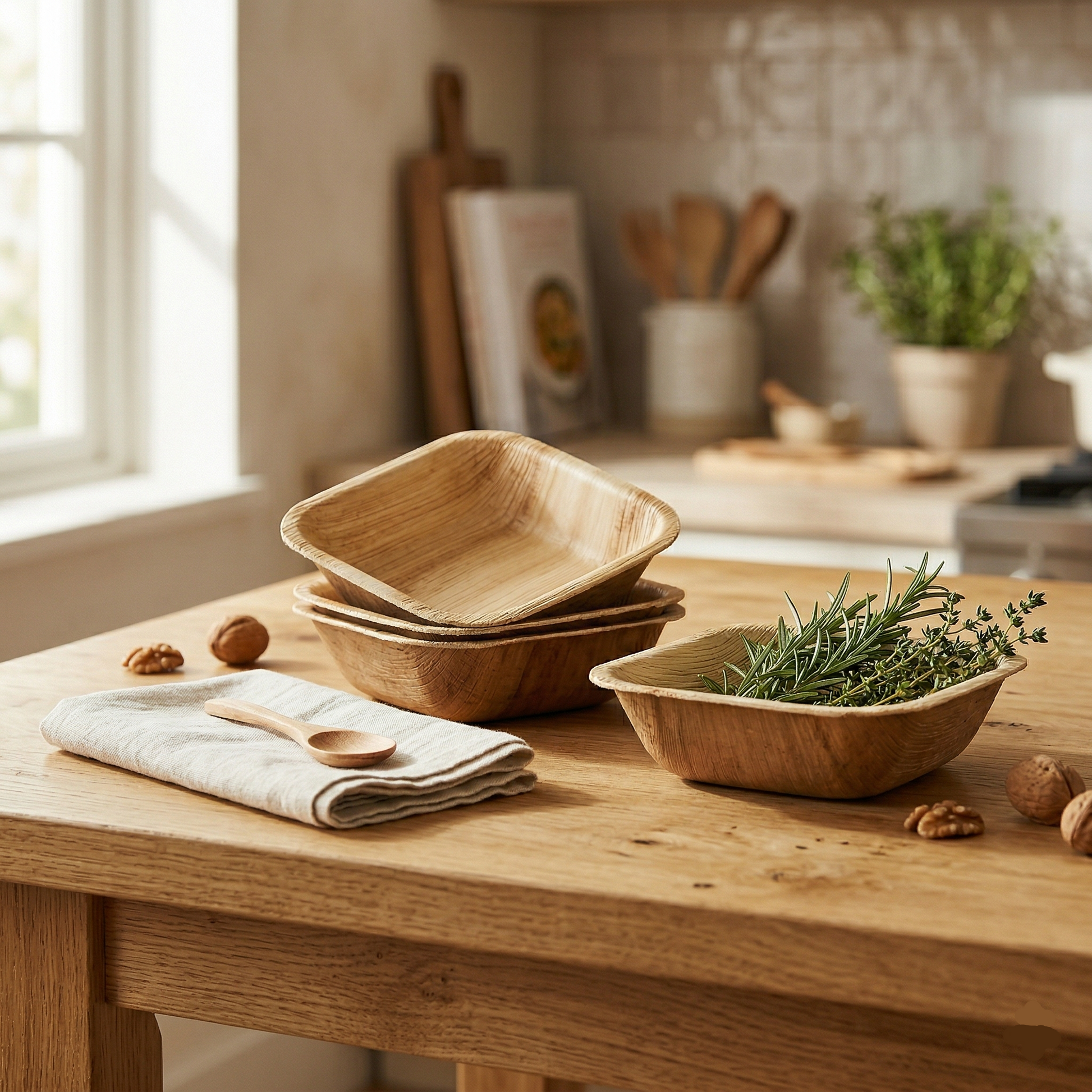 three 3 inch square bowls on kitchen island with herbs and walnuts natural fiber compostable sustainable kitchenware lifestyle decor