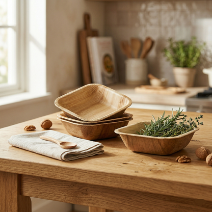 three 3 inch square bowls on kitchen island with herbs and walnuts natural fiber compostable sustainable kitchenware lifestyle decor